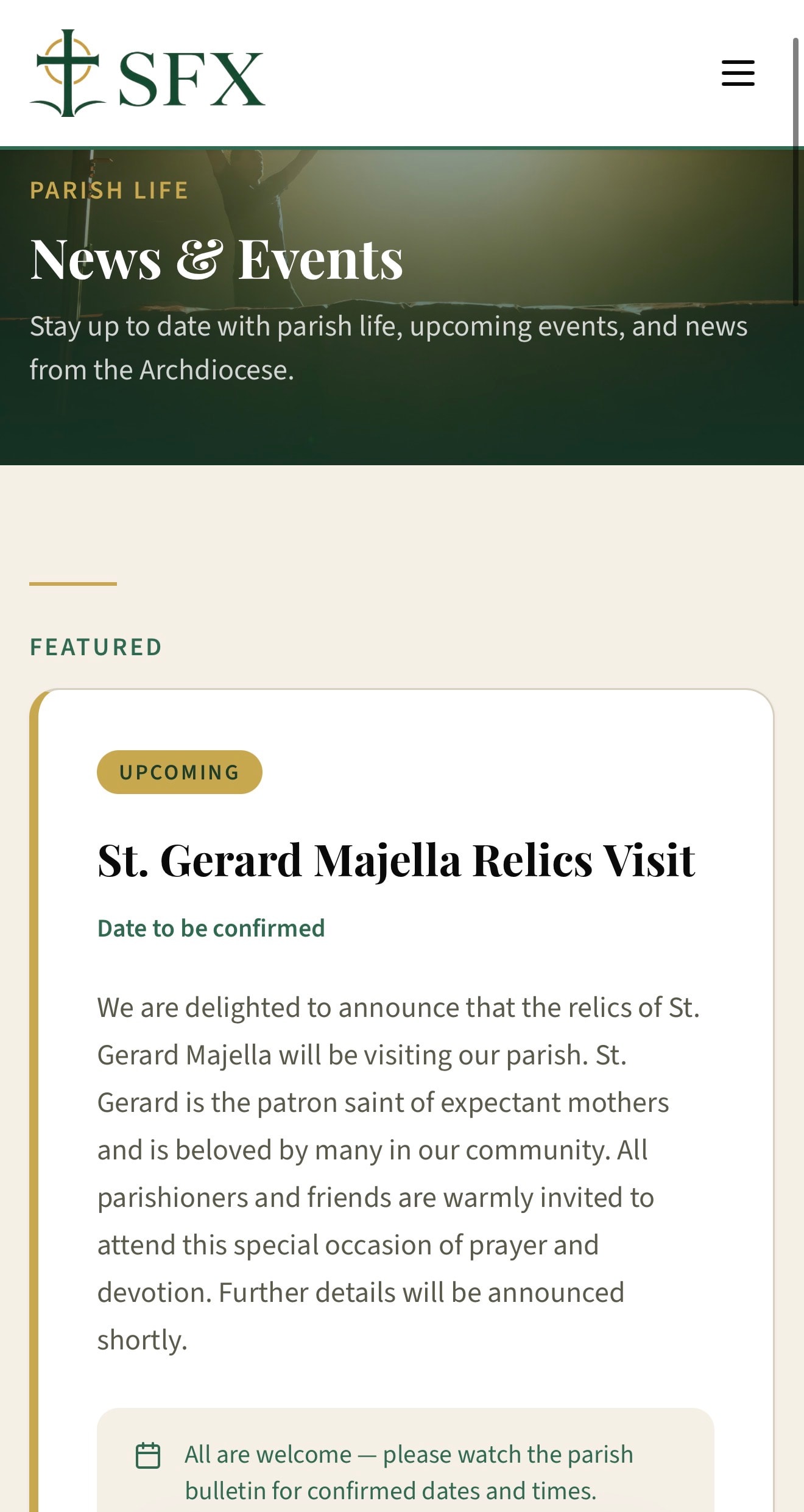 SFX Parish — News & Events page